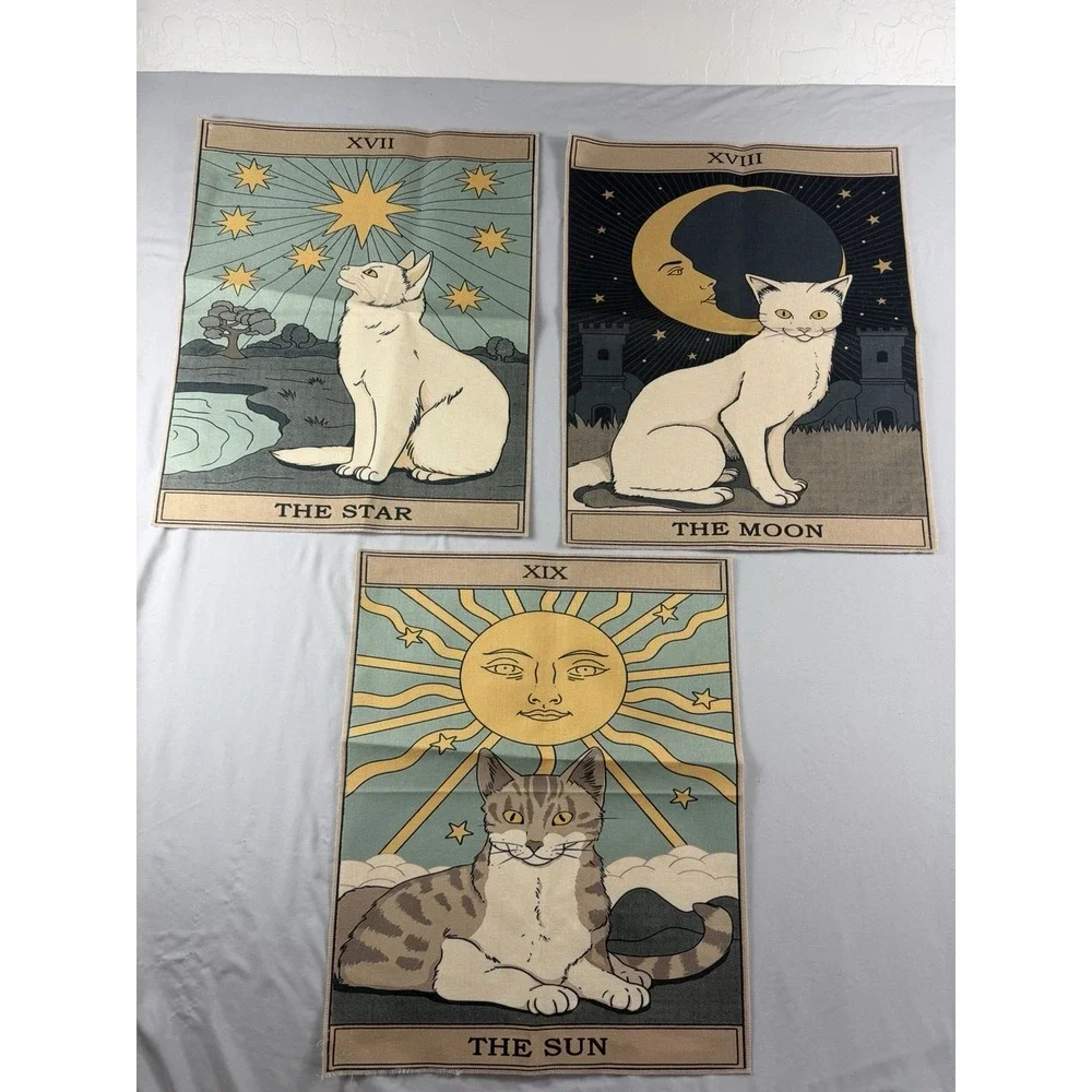 Boho Cat astrology sun moon stars small tapestry wall decor, lot of 3